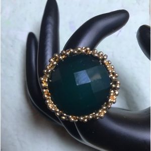 Gold Tone Brutalist Jade Faceted Costume Gem Statement Ring 1.25”x1.25” Sz 7.5